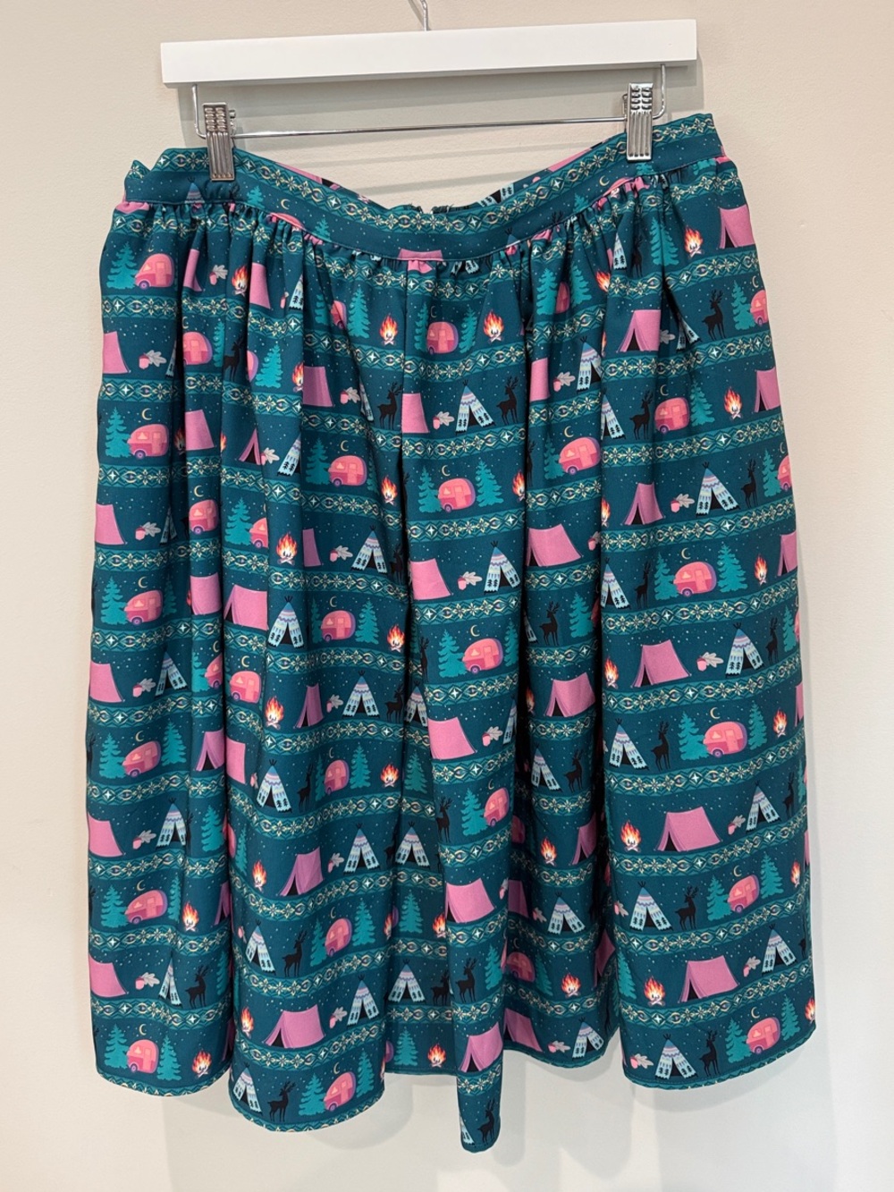 Unique Vintage Teal & Pink Camping Print A-Line Skirt